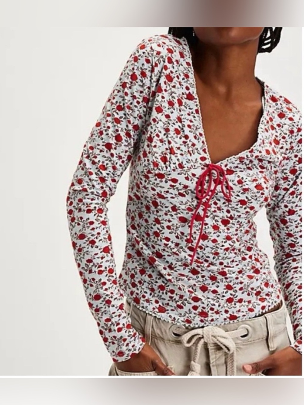 Free People White Long-Sleeve Floral Tie-Front Top with Red Print